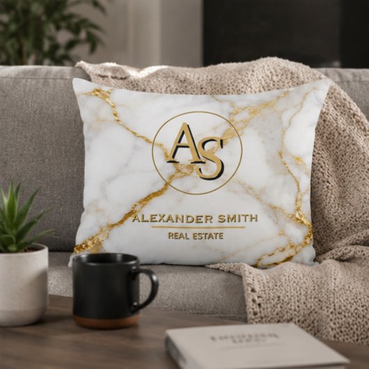 Luxury White Marble Gold Monogram Real Estate アクセントクッション