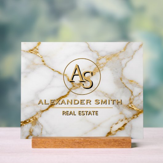 Luxury White Marble Gold Monogram Real Estate アクリルサイン (ニュートラル)
