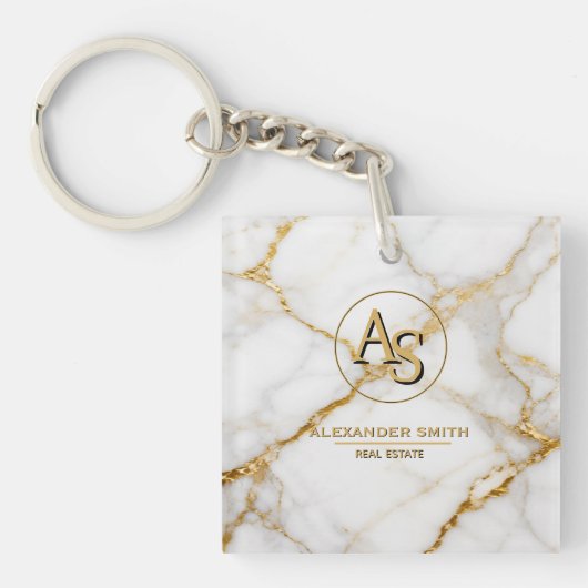 Luxury White Marble Gold Monogram Real Estate  キーホルダー (正面)