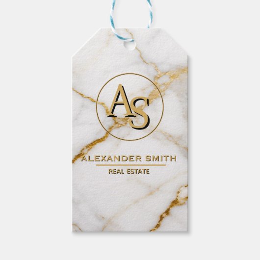 Luxury White Marble Gold Monogram Real Estate ギフトタグ (正面)