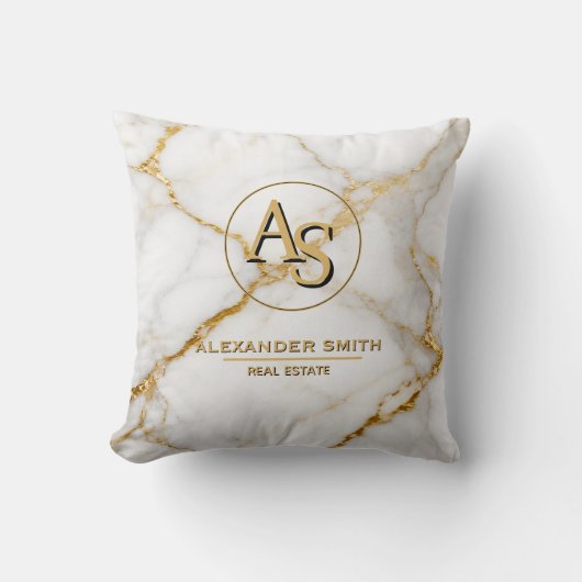 Luxury White Marble Gold Monogram Real Estate  クッション (正面)