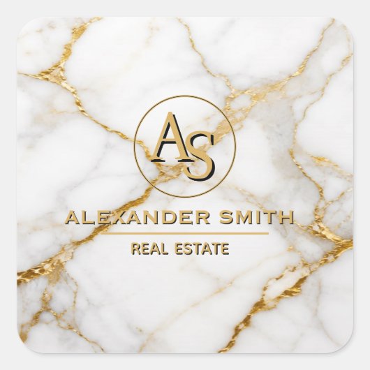 Luxury White Marble Gold Monogram Real Estate スクエアシール (正面)