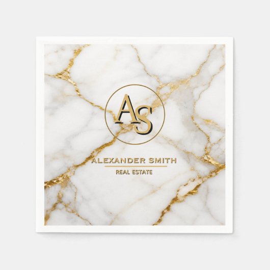 Luxury White Marble Gold Monogram Real Estate  スタンダードカクテルナプキン (正面)