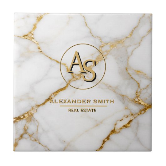 Luxury White Marble Gold Monogram Real Estate タイル (正面)