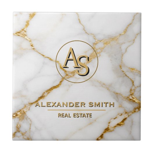 Luxury White Marble Gold Monogram Real Estate タイル (正面)