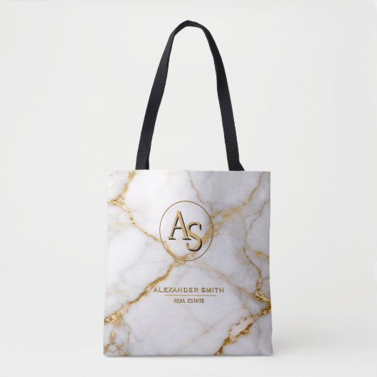 Luxury White Marble Gold Monogram Real Estate トートバッグ (正面)