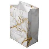 Luxury White Marble Gold Monogram Real Estate ミディアムペーパーバッグ (正面アングル)