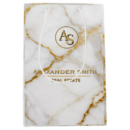 Luxury White Marble Gold Monogram Real Estate ミディアムペーパーバッグ
