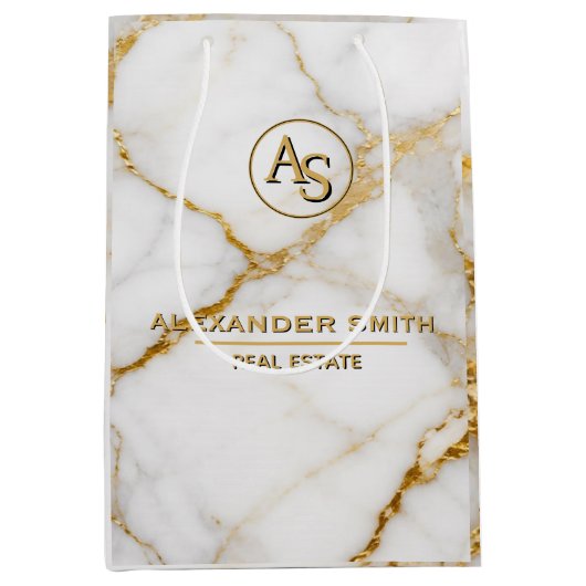 Luxury White Marble Gold Monogram Real Estate ミディアムペーパーバッグ (正面)
