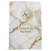 Luxury White Marble Gold Monogram Real Estate ミディアムペーパーバッグ (裏面)