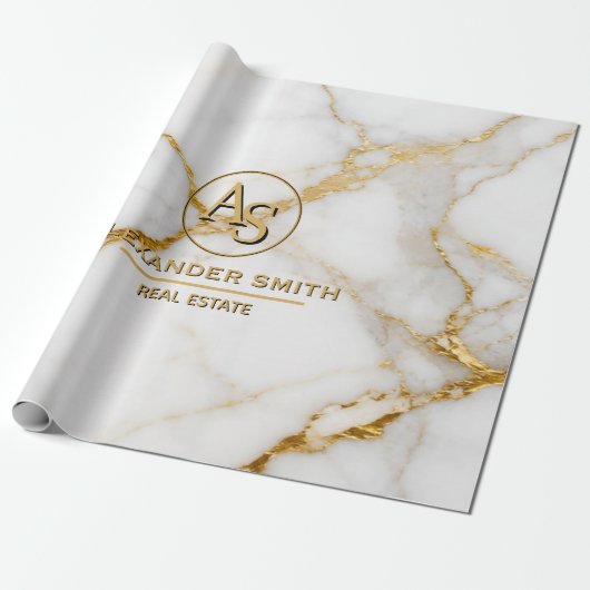 Luxury White Marble Gold Monogram Real Estate ラッピングペーパー (アンロールド)