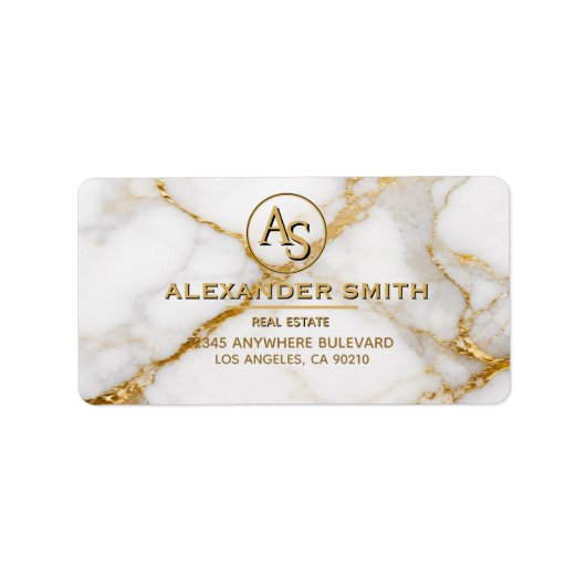 Luxury White Marble Gold Monogram Real Estate ラベル (正面)