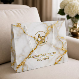 Luxury White Marble Gold Monogram Real Estate ラージペーパーバッグ