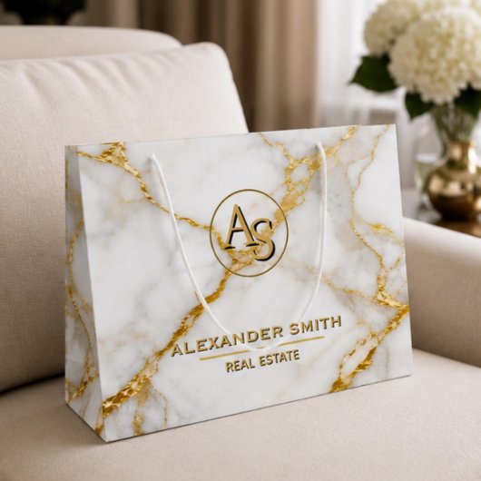 Luxury White Marble Gold Monogram Real Estate ラージペーパーバッグ