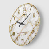 Luxury White Marble Gold Monogram Real Estate ラージ壁時計 (傾斜)