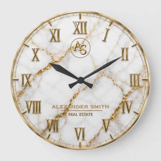 Luxury White Marble Gold Monogram Real Estate ラージ壁時計 (正面)