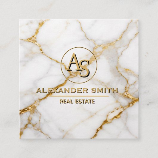 Luxury White Marble Gold Monogram Real Estate 予約カード (正面)