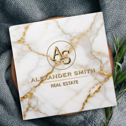 Luxury White Marble Gold Monogram Real Estate 予約カード