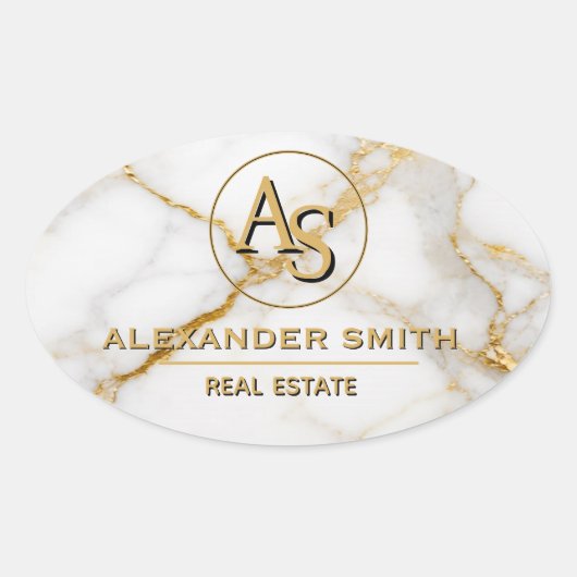 Luxury White Marble Gold Monogram Real Estate 楕円形シール (正面)