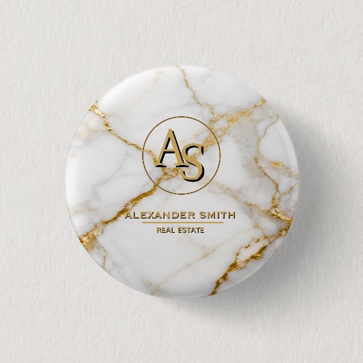 Luxury White Marble Gold Monogram Real Estate 缶バッジ (正面)