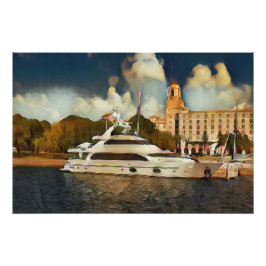 Luxury Yacht Wall Art Coastal Harbor Scene ポスター