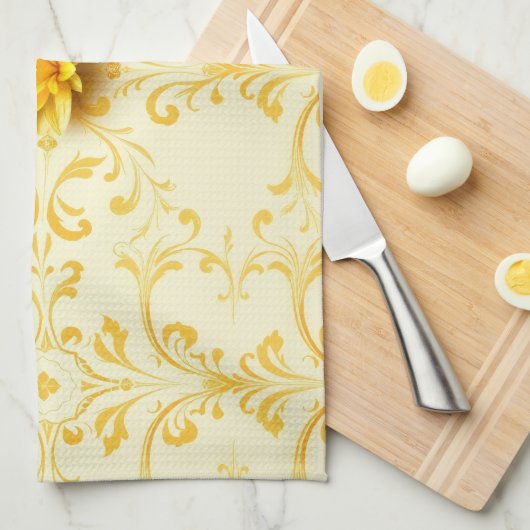 Luxury Yellow Tulip Damask Easter Kitchen Towel キッチンタオル (四つ折り)