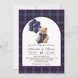 Lxury Bear Balloons Plaid Baby Shower 招待状