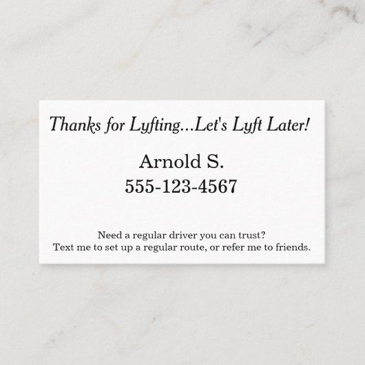 Lyftingをありがとう。 あとでLyftは! 紹介カード (正面)