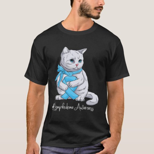 Lymphedema Awareness Month Light Blue Ribbon Cat Tシャツ (正面)