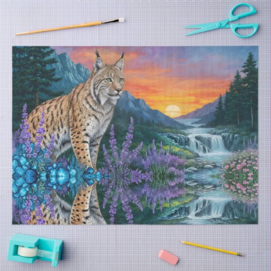 Lynx at sunrise by waterfall 薄葉紙 (クラフト)