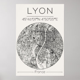 Lyon City Map Poster – Minimal Charcoal Wall Art ポスター