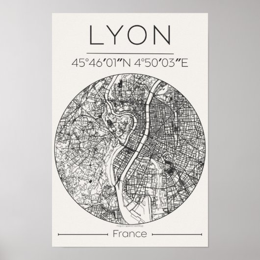 Lyon City Map Poster – Minimal Charcoal Wall Art ポスター (正面)