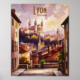 Lyon France Travel Vintage Watercolor Cityscape ポスター