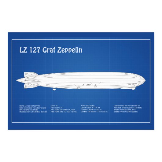 LZ 127 Graf Zeppelin - Airship Blueprint Plans ABD フォトプリント (正面)