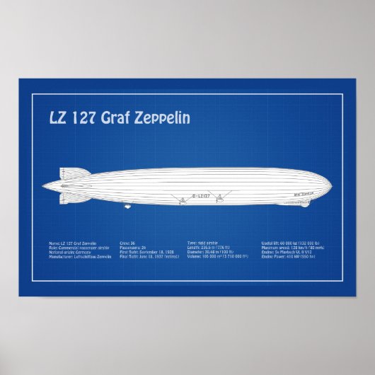 LZ 127 Graf Zeppelin - Airship Blueprint Plans ABD ポスター (正面)