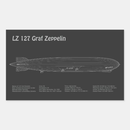 LZ 127 Graf Zeppelin - Airship Blueprint Plans PD 長方形シール (正面)