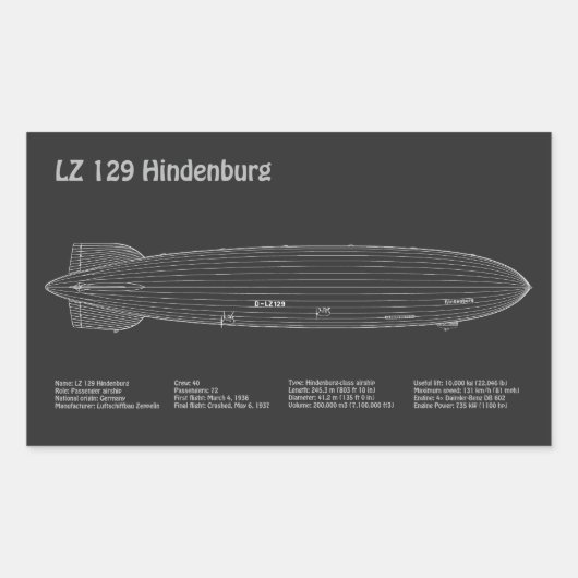 LZ 129ヒンデンブルク – 飛行船の設計図の計画PD 長方形シール (正面)