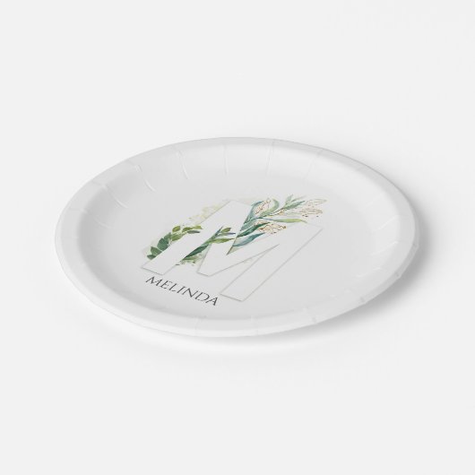 Mのモノグラム ゴールド グリーンの葉 エレガントな名前 ペーパープレート (アングル)