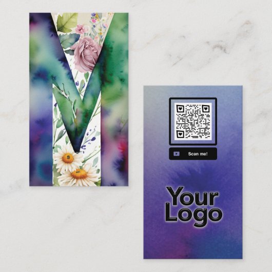 Mデイジーモノグラムのフローラ水彩QRコードロゴ 名刺 (正面/裏面)