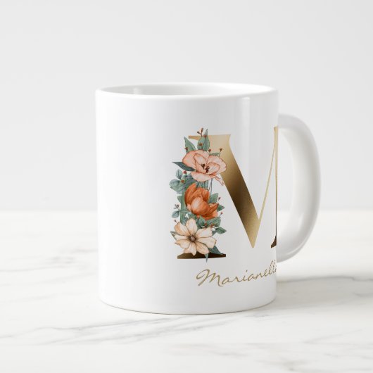 Mレター金ゴールドモノグラム焼きオレンジ花模様 ジャンボコーヒーマグカップ (正面右)