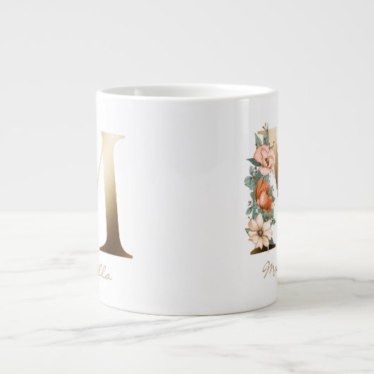 Mレター金ゴールドモノグラム焼きオレンジ花模様 ジャンボコーヒーマグカップ (正面)