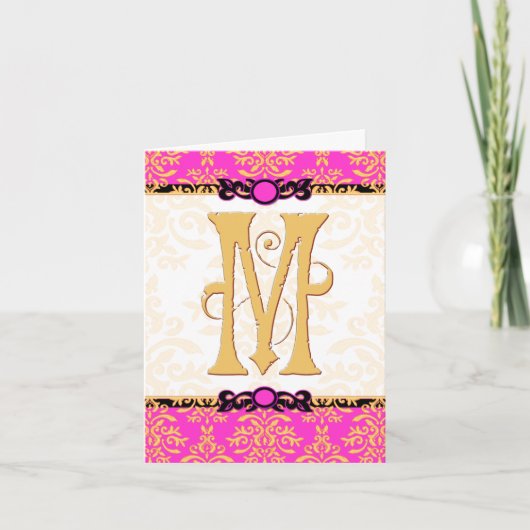 M is for Merci Beaucoup Hot Pink Damask Thank You サンキューカード (正面)