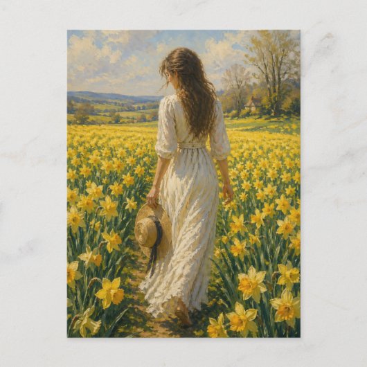 M. Laplanteによる水仙の花畑の女性 ポストカード (正面)