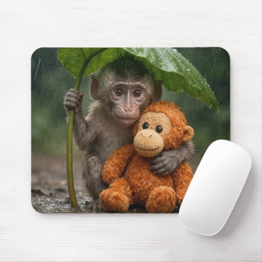 Macaque Monkey with a Stuffed Orangutan マウスパッド (マウス)