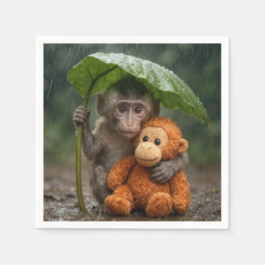 Macaque Monkey with Orange Orangutan スタンダードカクテルナプキン (正面)