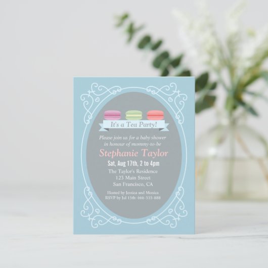 Macaronのお茶会のベビーシャワー、青および灰色 招待状 (スタンド正面)