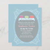 Macaronのお茶会のベビーシャワー、青および灰色 招待状 (正面/裏面)