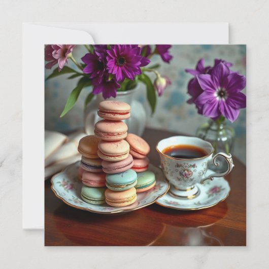 Macaron, Coffee and Vase of Purple Flowers カード (正面)