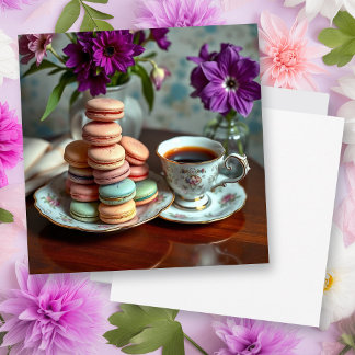 Macaron, Coffee and Vase of Purple Flowers カード
