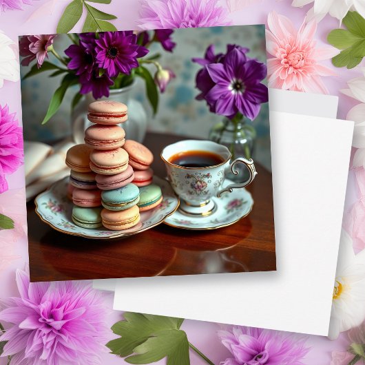 Macaron, Coffee and Vase of Purple Flowers カード